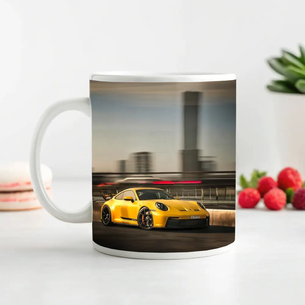 Yellow Porsche GT3 Racing Through City Streets – Mugs