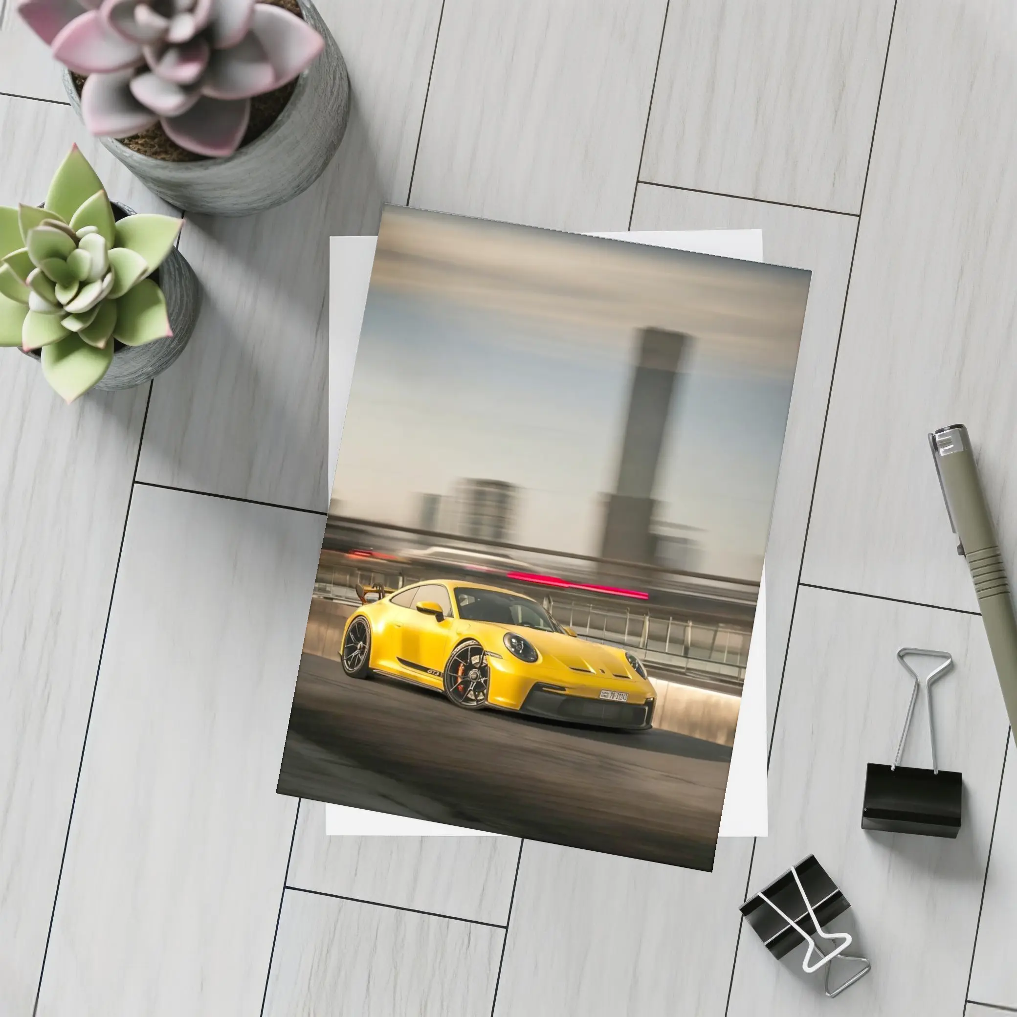 Yellow Porsche GT3 Racing Through City Streets – Postcards