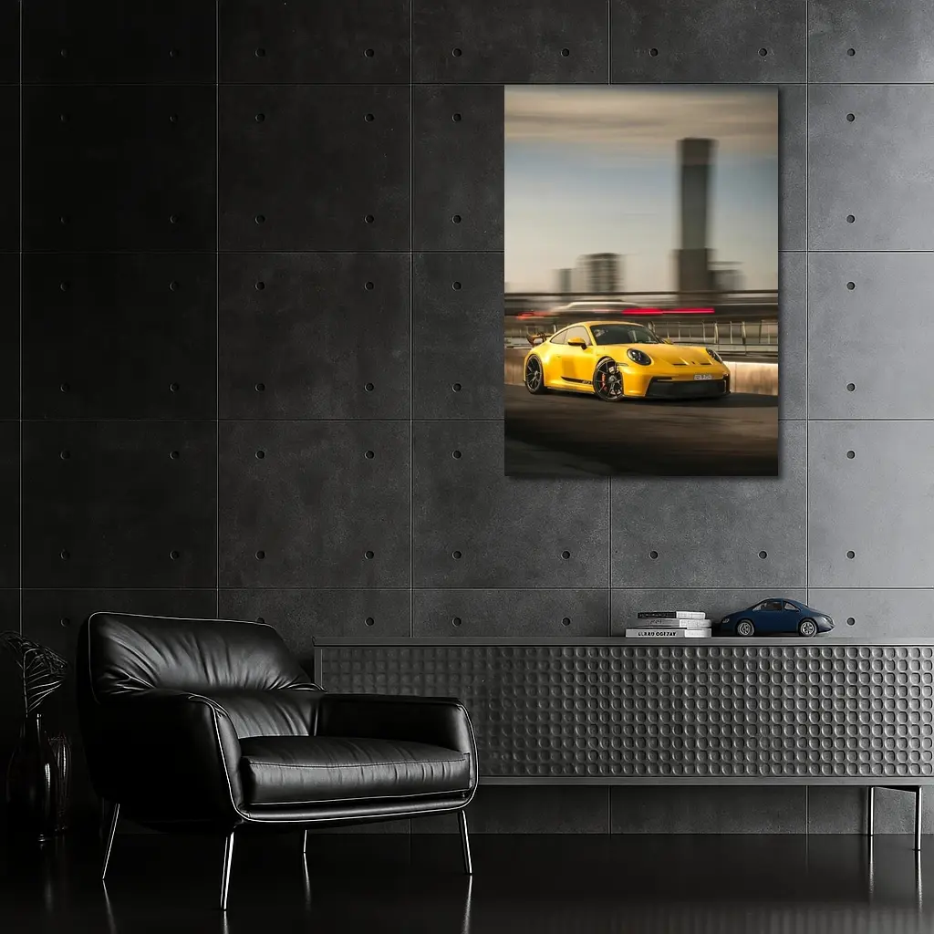 Yellow Porsche GT3 Racing Through City Streets – Wall Art