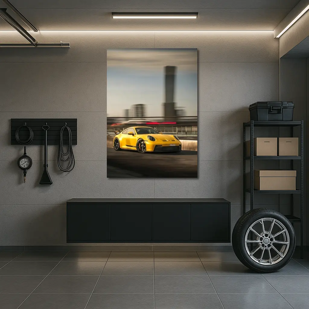 Yellow Porsche GT3 Racing Through City Streets – Wall Art
