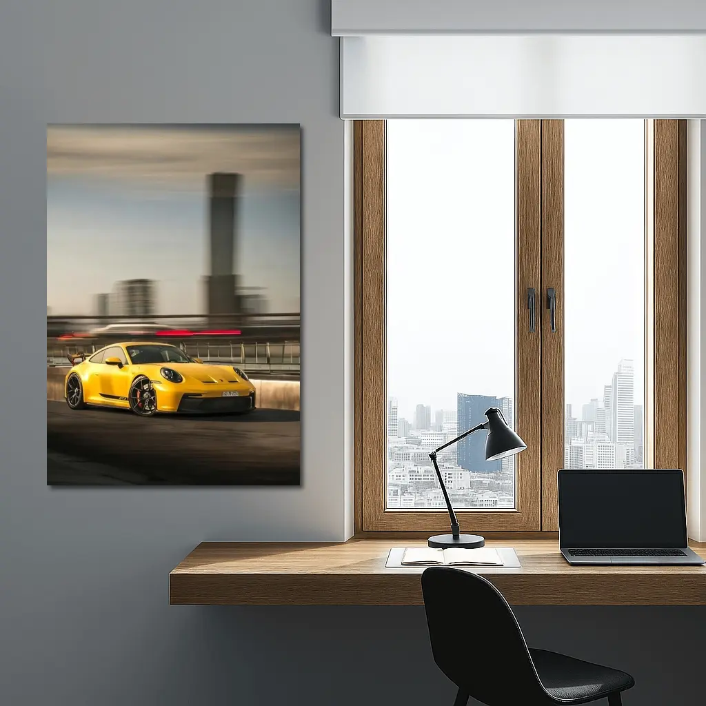 Yellow Porsche GT3 Racing Through City Streets – Wall Art