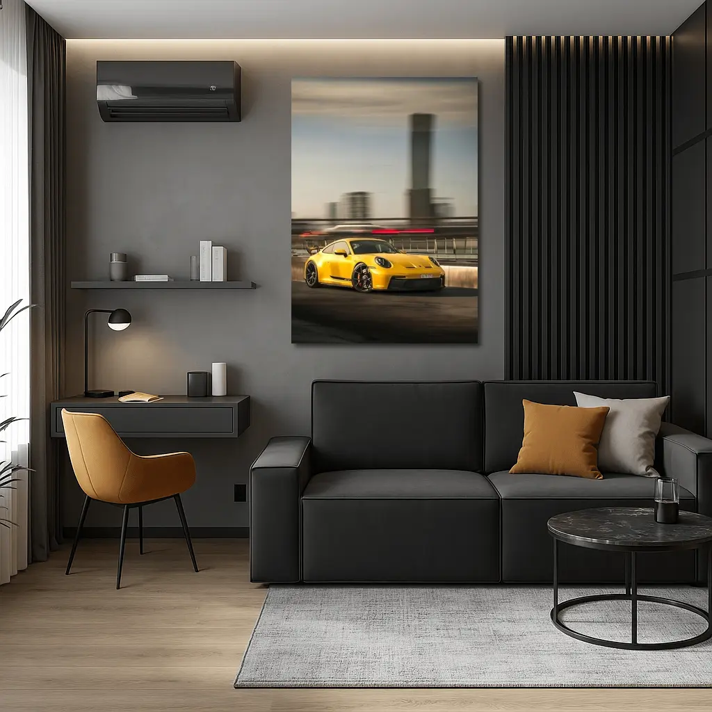 Yellow Porsche GT3 Racing Through City Streets – Wall Art