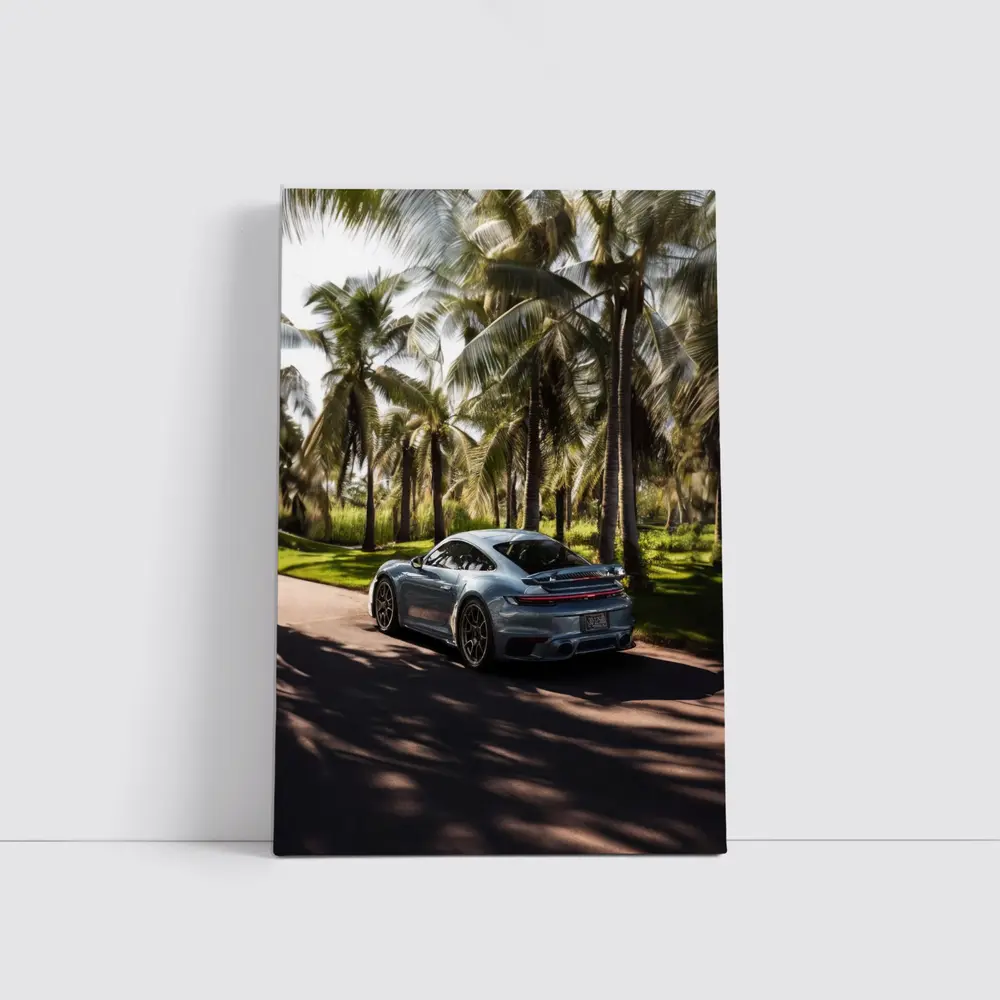 Porsche 911 Turbo Blue Among Palm Trees – Wall Art