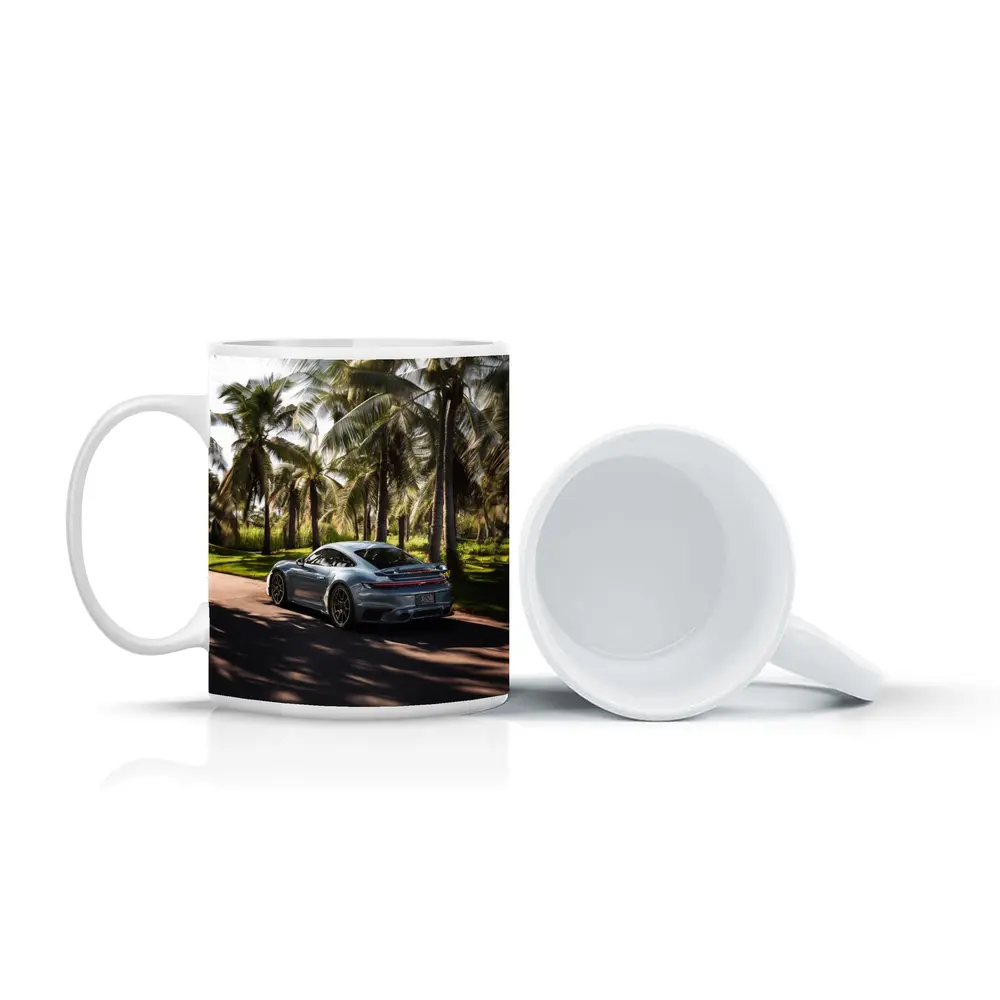 Porsche 911 Turbo Blue Among Palm Trees – Mugs