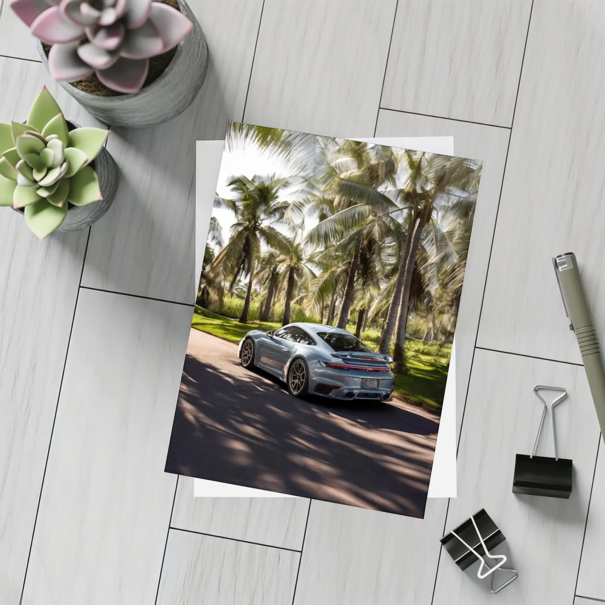 Porsche 911 Turbo Blue Among Palm Trees – Postcards