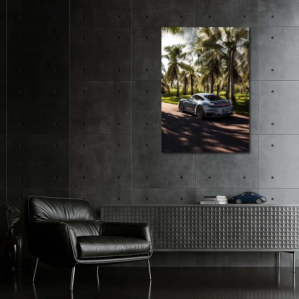 Porsche 911 Turbo Blue Among Palm Trees – Wall Art