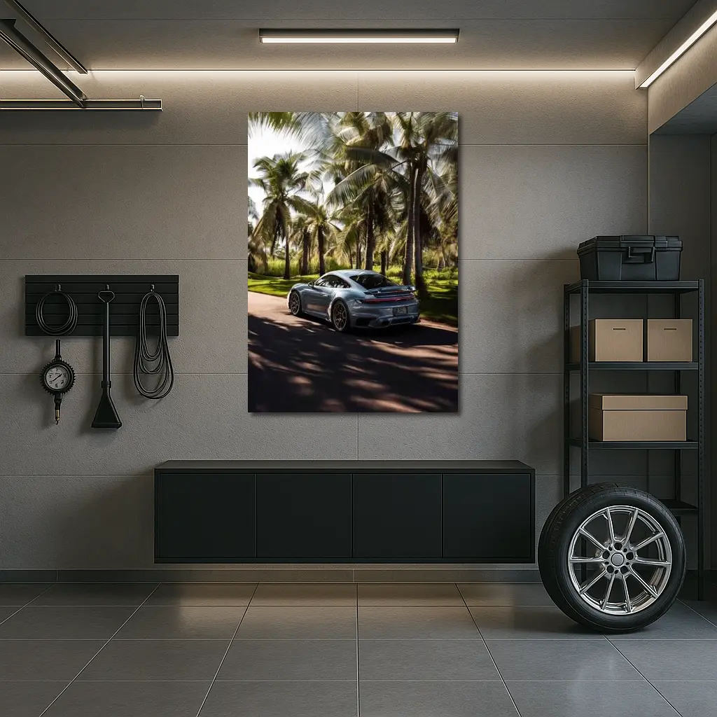 Porsche 911 Turbo Blue Among Palm Trees – Wall Art