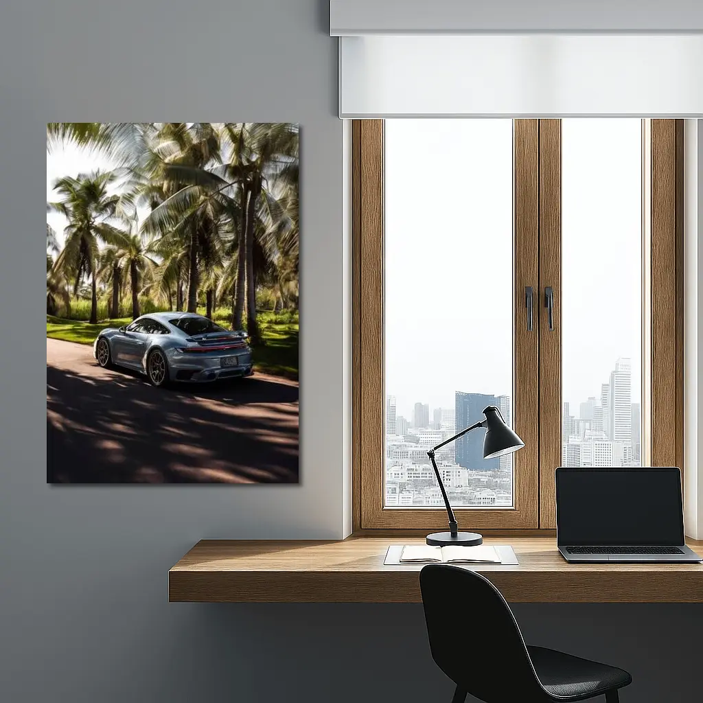 Porsche 911 Turbo Blue Among Palm Trees – Wall Art