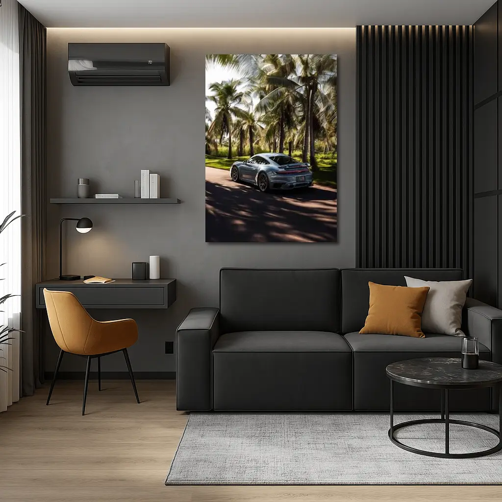 Porsche 911 Turbo Blue Among Palm Trees – Wall Art