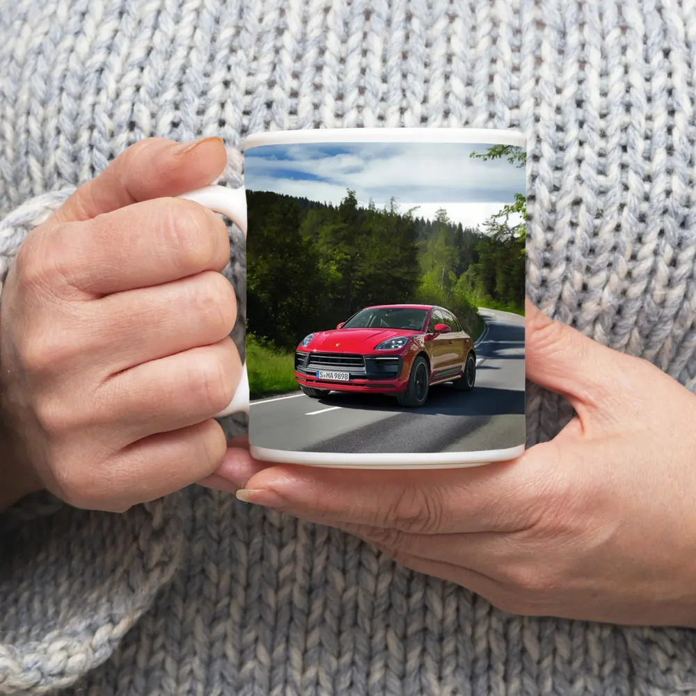 Red Porsche Macan GTS On Forest Road – Mugs