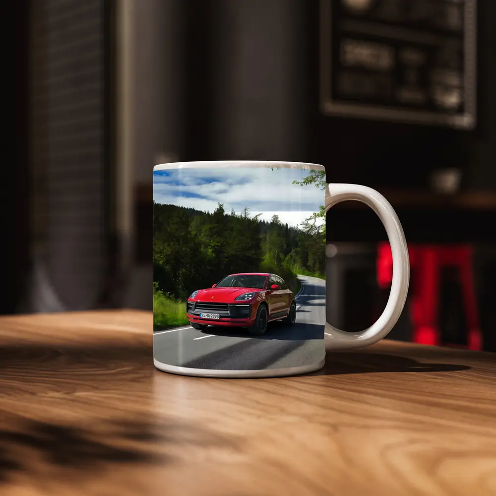 Red Porsche Macan GTS On Forest Road – Mugs