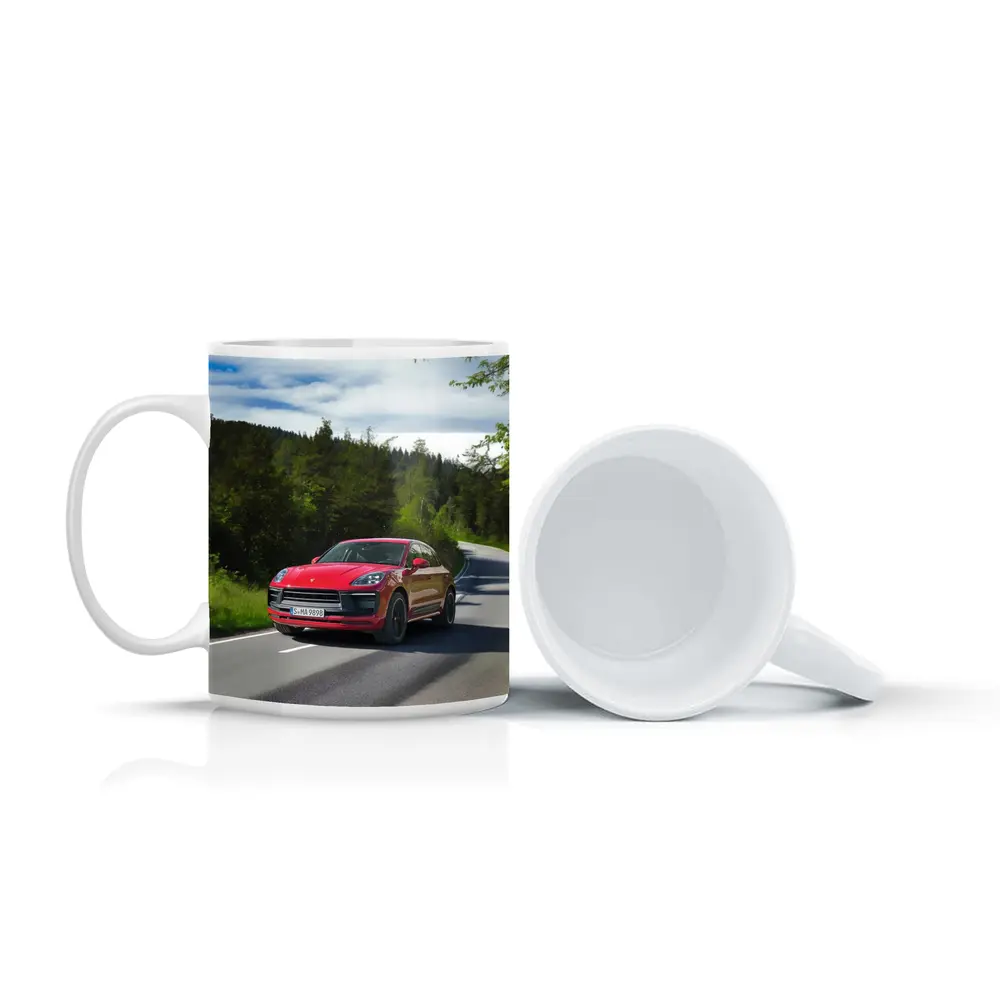 Red Porsche Macan GTS On Forest Road – Mugs