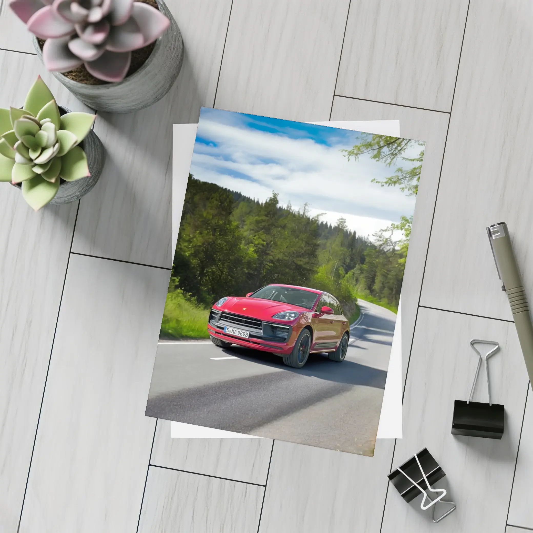 Red Porsche Macan GTS On Forest Road – Postcards