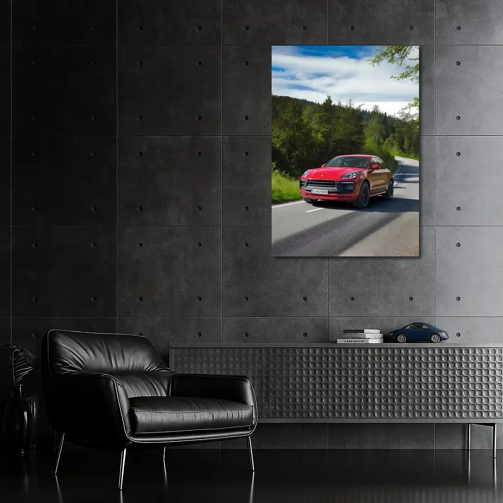 Red Porsche Macan GTS On Forest Road – Wall Art