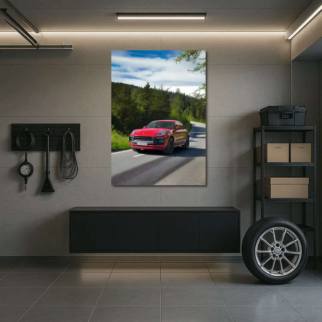 Red Porsche Macan GTS On Forest Road – Wall Art