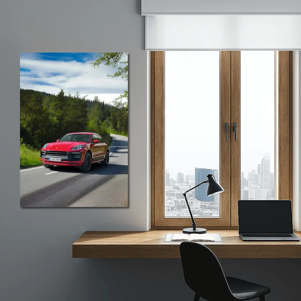 Red Porsche Macan GTS On Forest Road – Wall Art