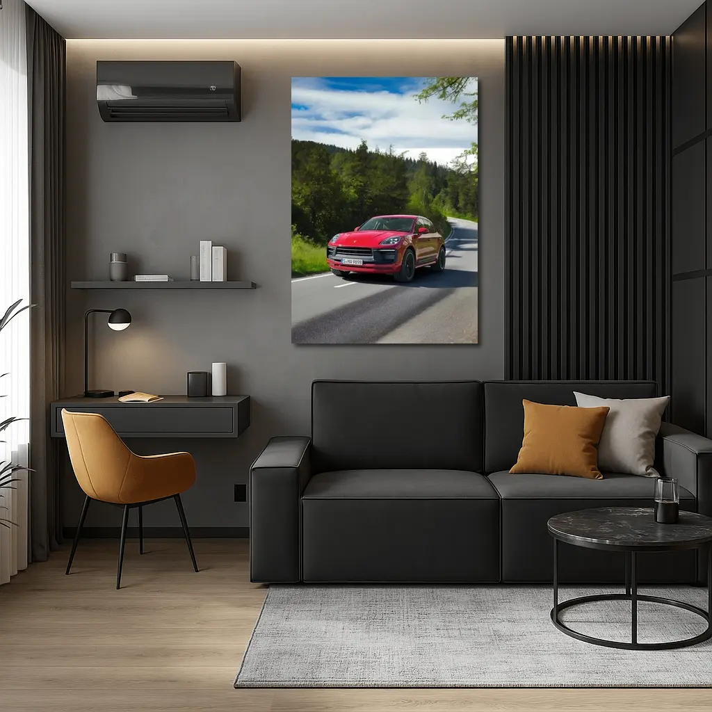 Red Porsche Macan GTS On Forest Road – Wall Art