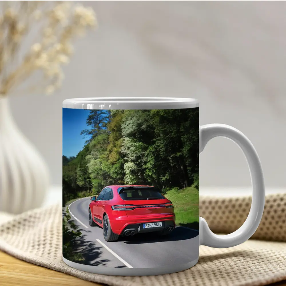 Porsche Macan GTS Red On Forest Road – Mugs