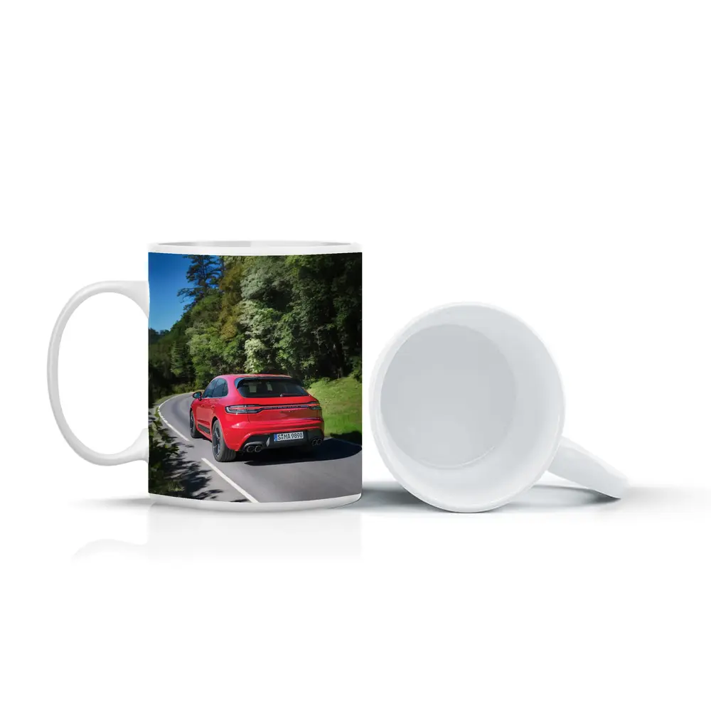 Porsche Macan GTS Red On Forest Road – Mugs