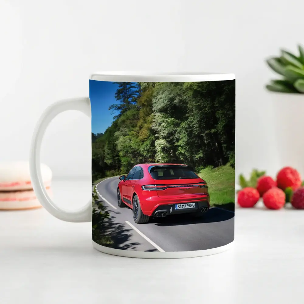 Porsche Macan GTS Red On Forest Road – Mugs