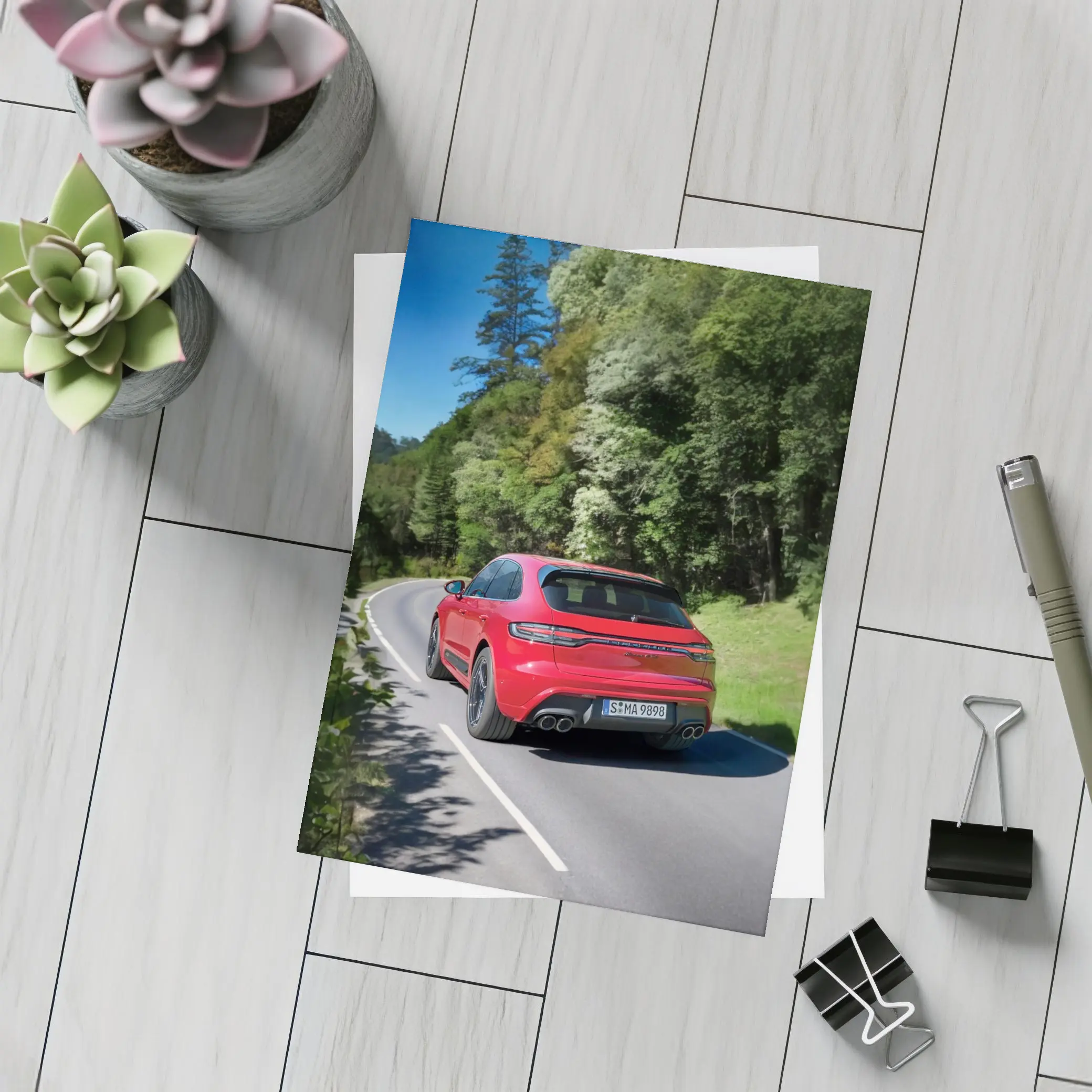 Porsche Macan GTS Red On Forest Road – Postcards