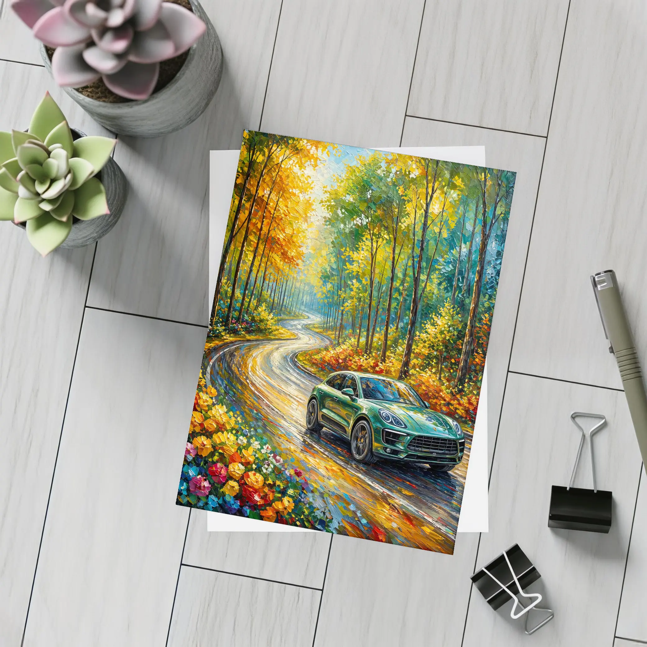 Porsche Macan Green Impressionist Forest Road – Postcards