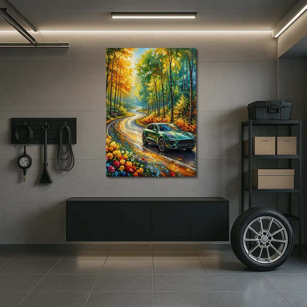 Porsche Macan Green Impressionist Forest Road – Wall Art