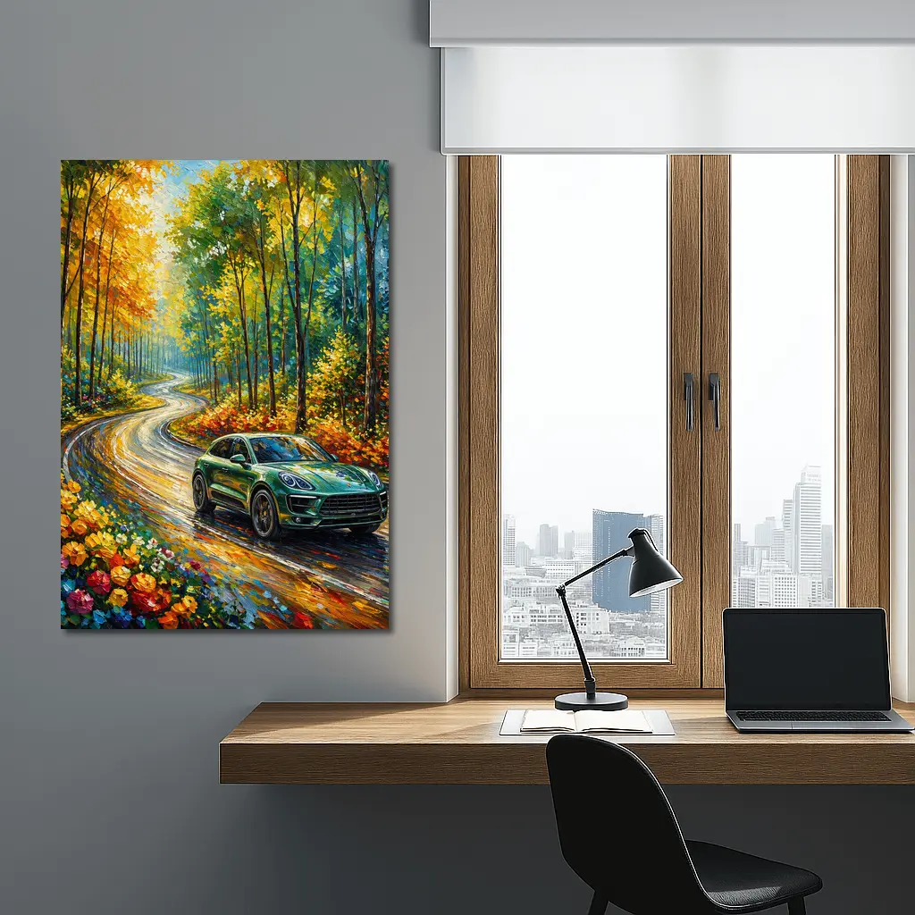 Porsche Macan Green Impressionist Forest Road – Wall Art