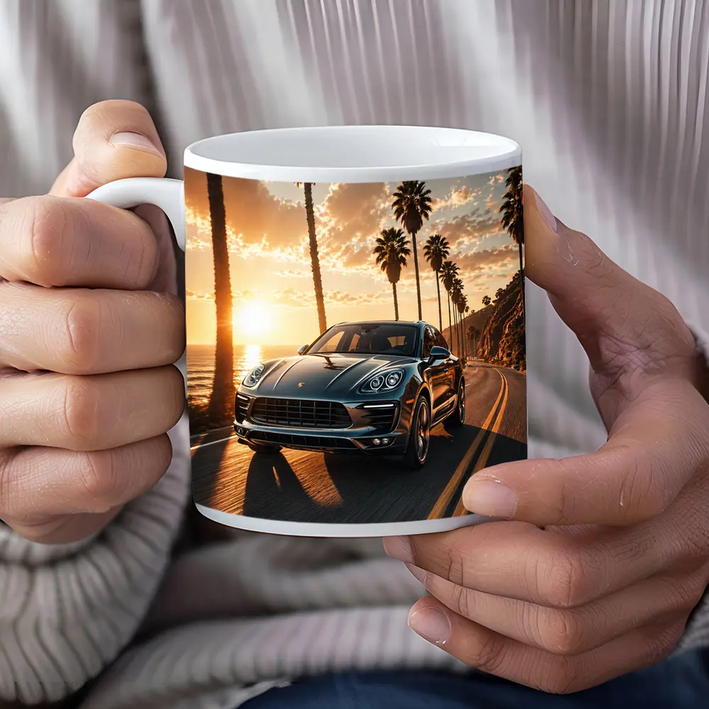 Porsche Macan Driving Coastal Road Sunset – Mugs