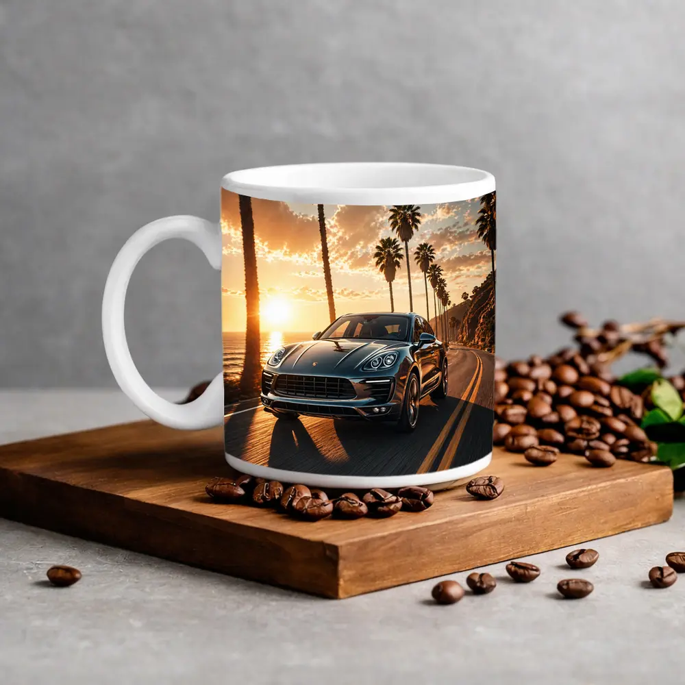 Porsche Macan Driving Coastal Road Sunset – Mugs