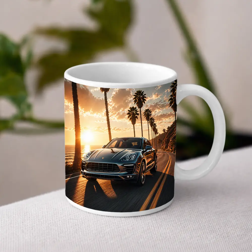 Porsche Macan Driving Coastal Road Sunset – Mugs