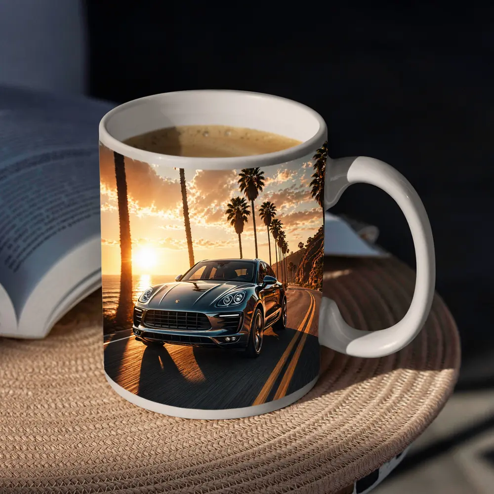 Porsche Macan Driving Coastal Road Sunset – Mugs
