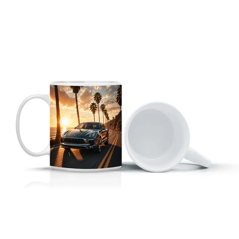 Porsche Macan Driving Coastal Road Sunset – Mugs
