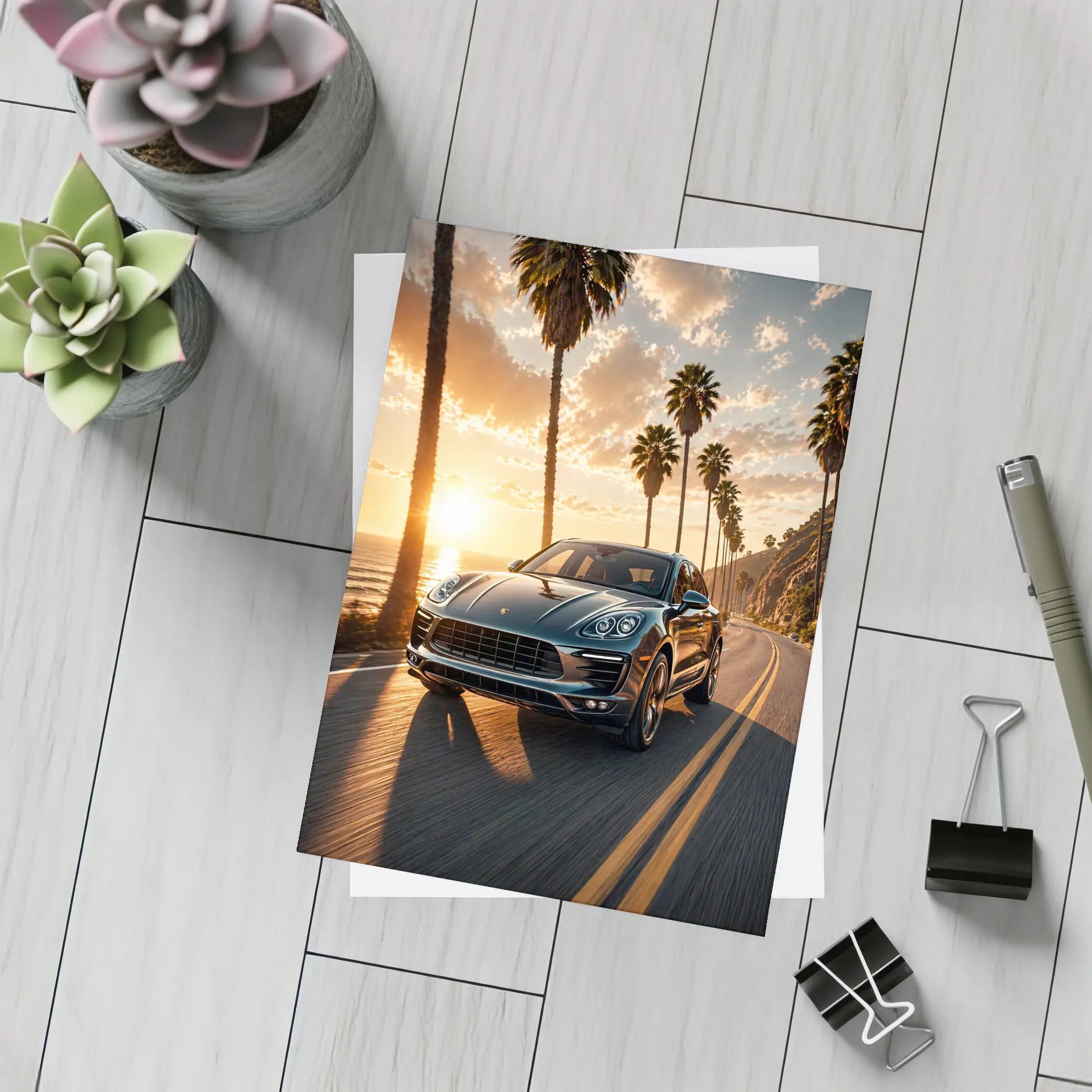 Porsche Macan Driving Coastal Road Sunset – Postcards