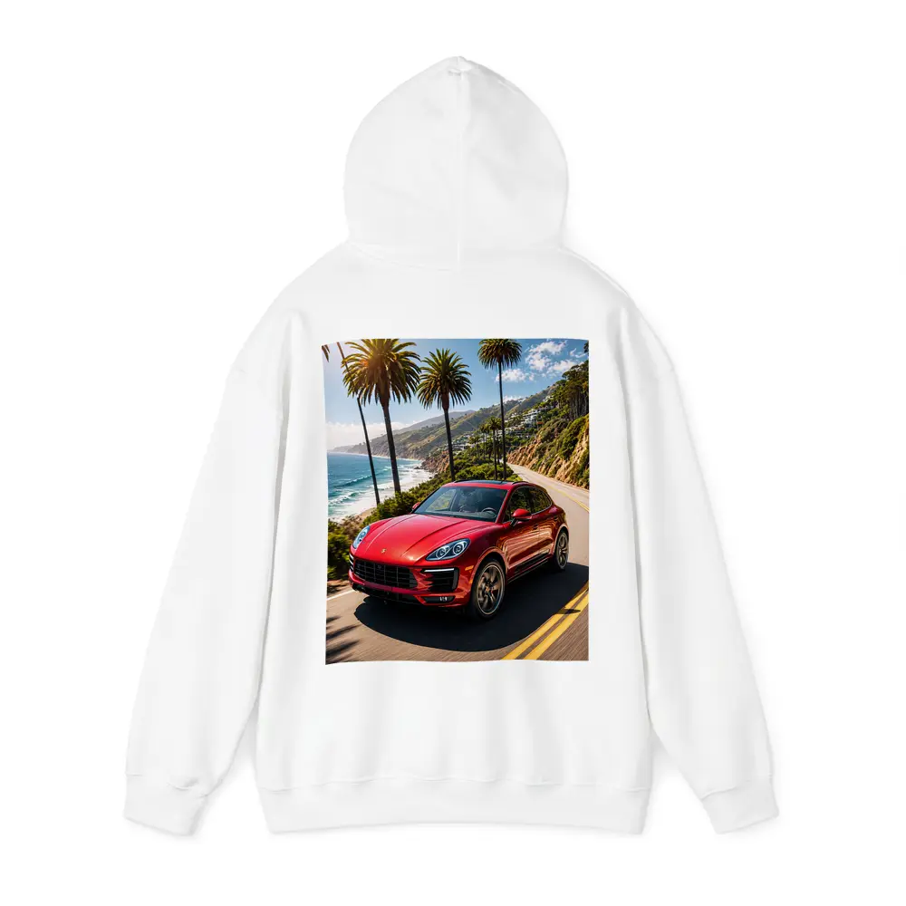 Red Porsche Macan On Coastal Highway – Hoodies