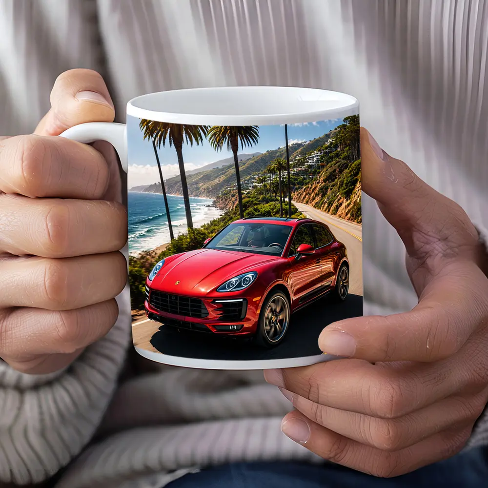 Red Porsche Macan On Coastal Highway – Mugs