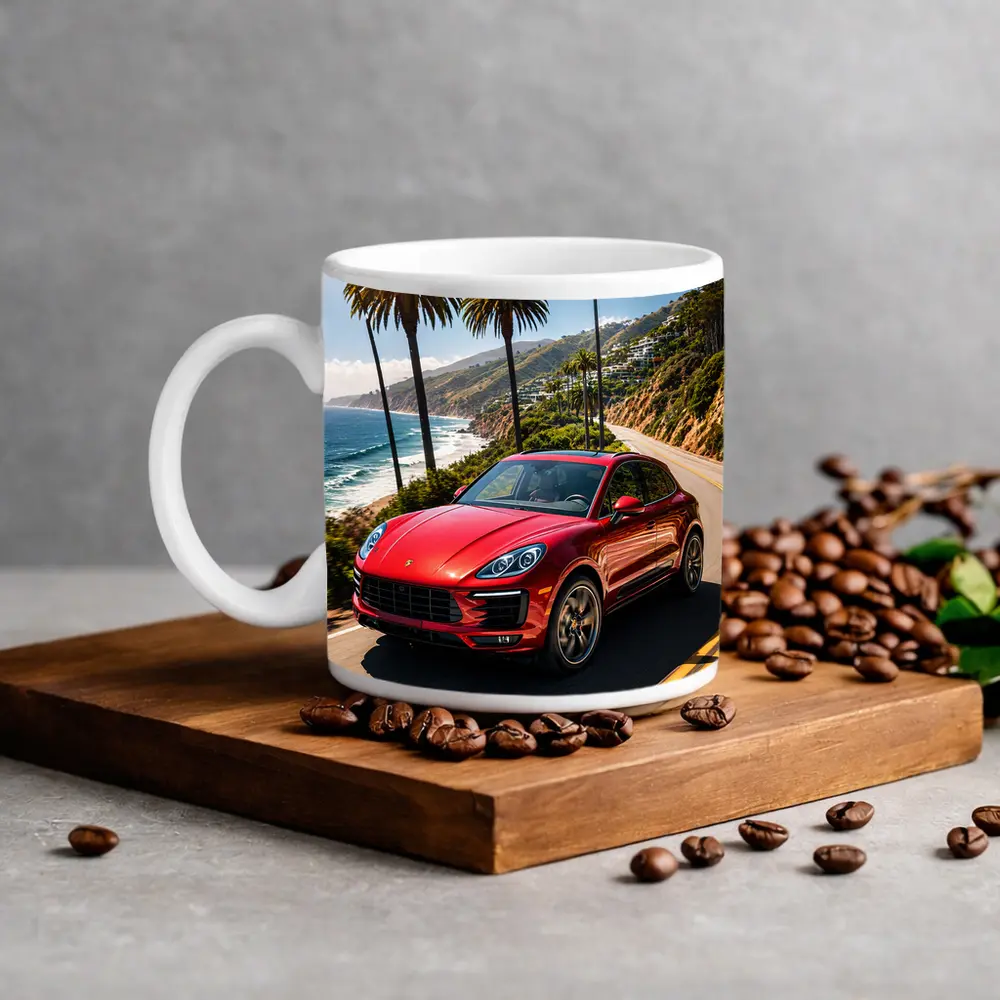 Red Porsche Macan On Coastal Highway – Mugs