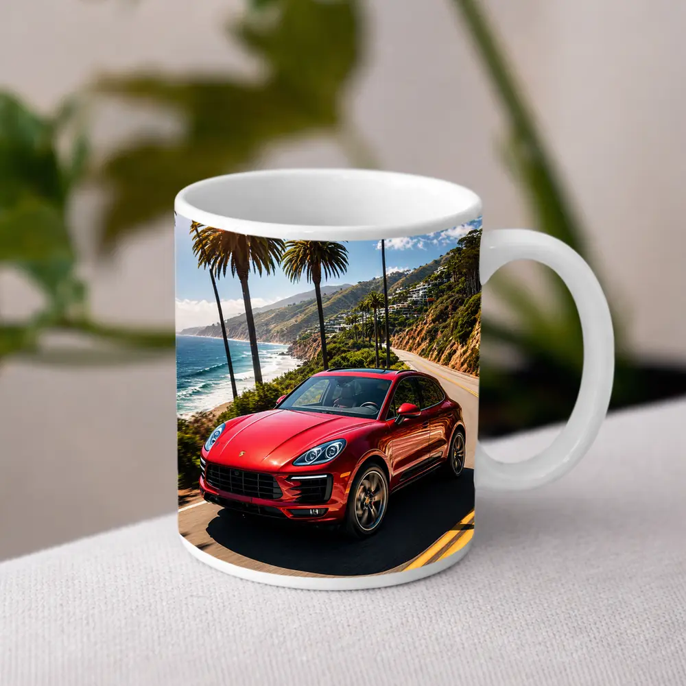Red Porsche Macan On Coastal Highway – Mugs