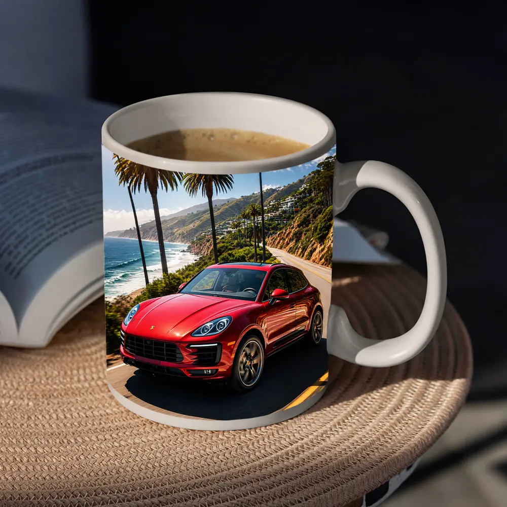 Red Porsche Macan On Coastal Highway – Mugs