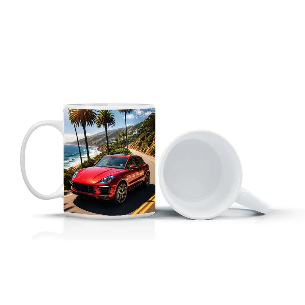 Red Porsche Macan On Coastal Highway – Mugs