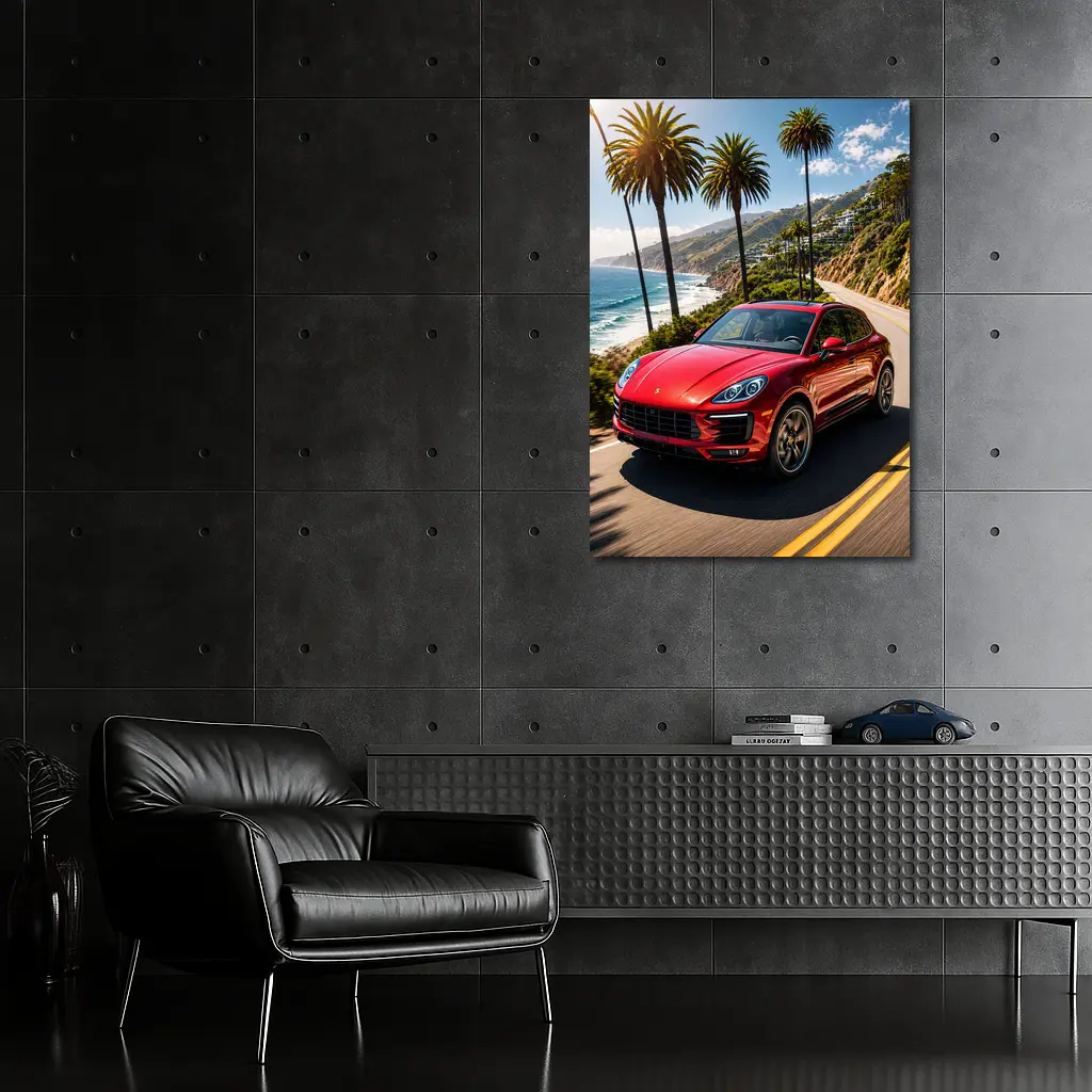 Red Porsche Macan On Coastal Highway – Wall Art