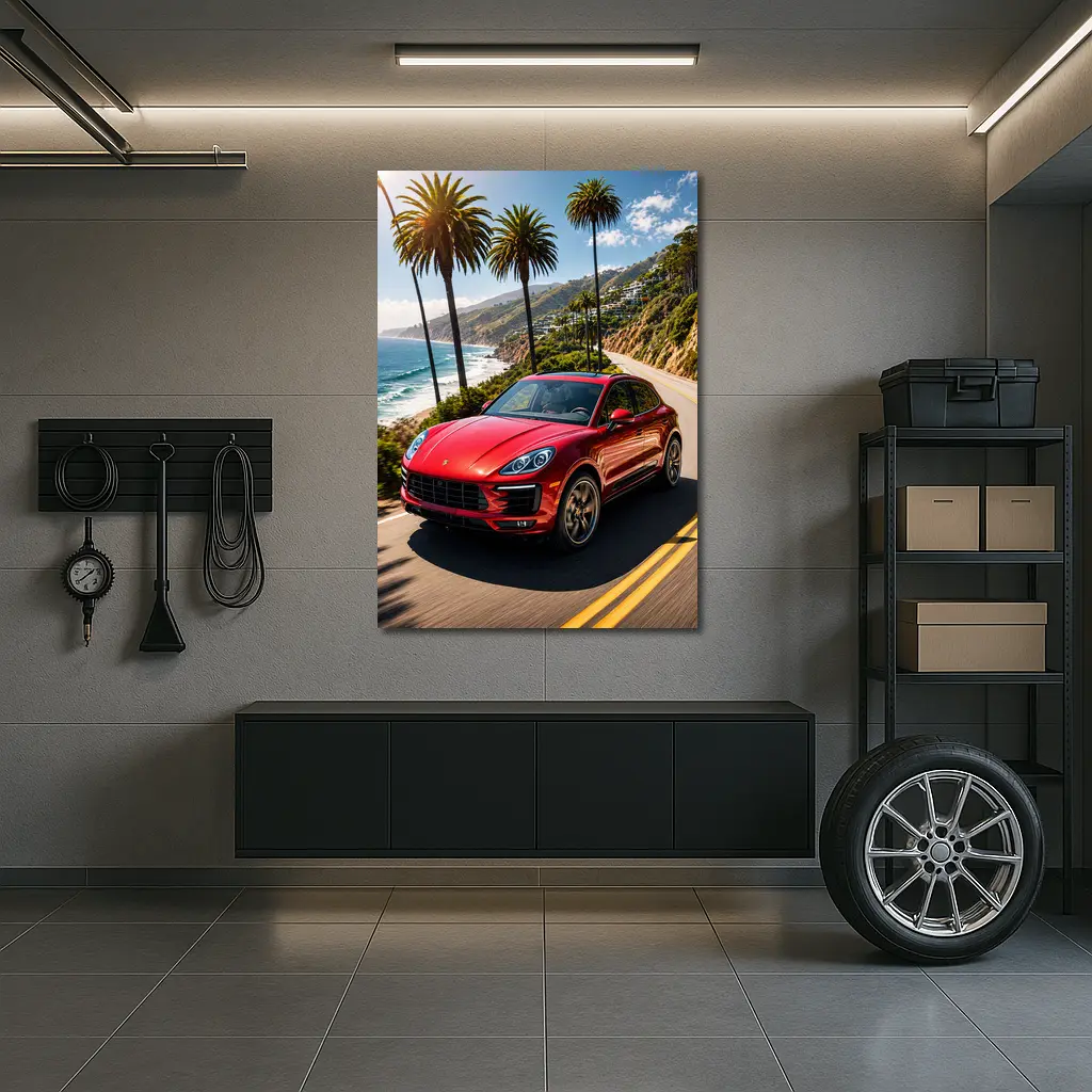 Red Porsche Macan On Coastal Highway – Wall Art