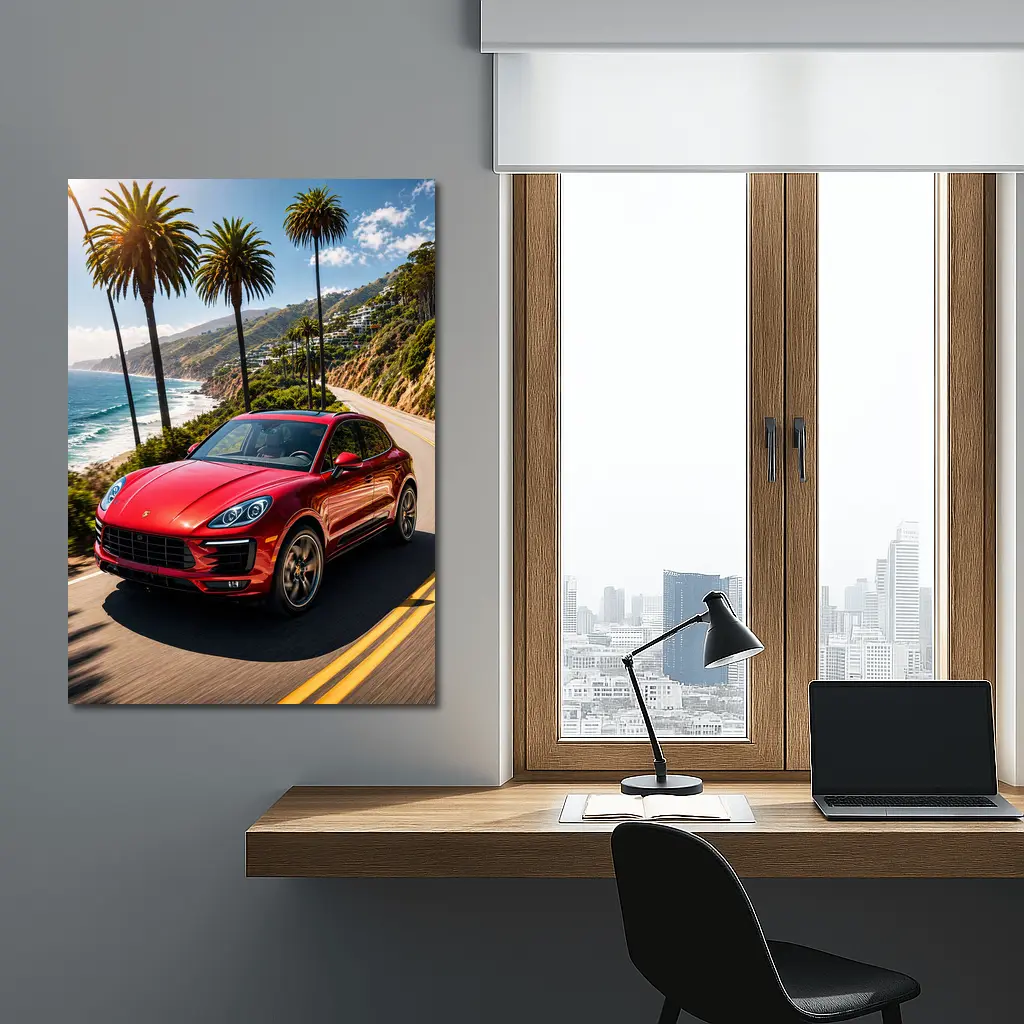 Red Porsche Macan On Coastal Highway – Wall Art