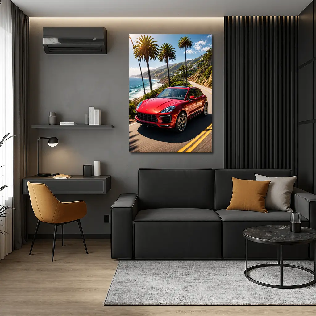 Red Porsche Macan On Coastal Highway – Wall Art