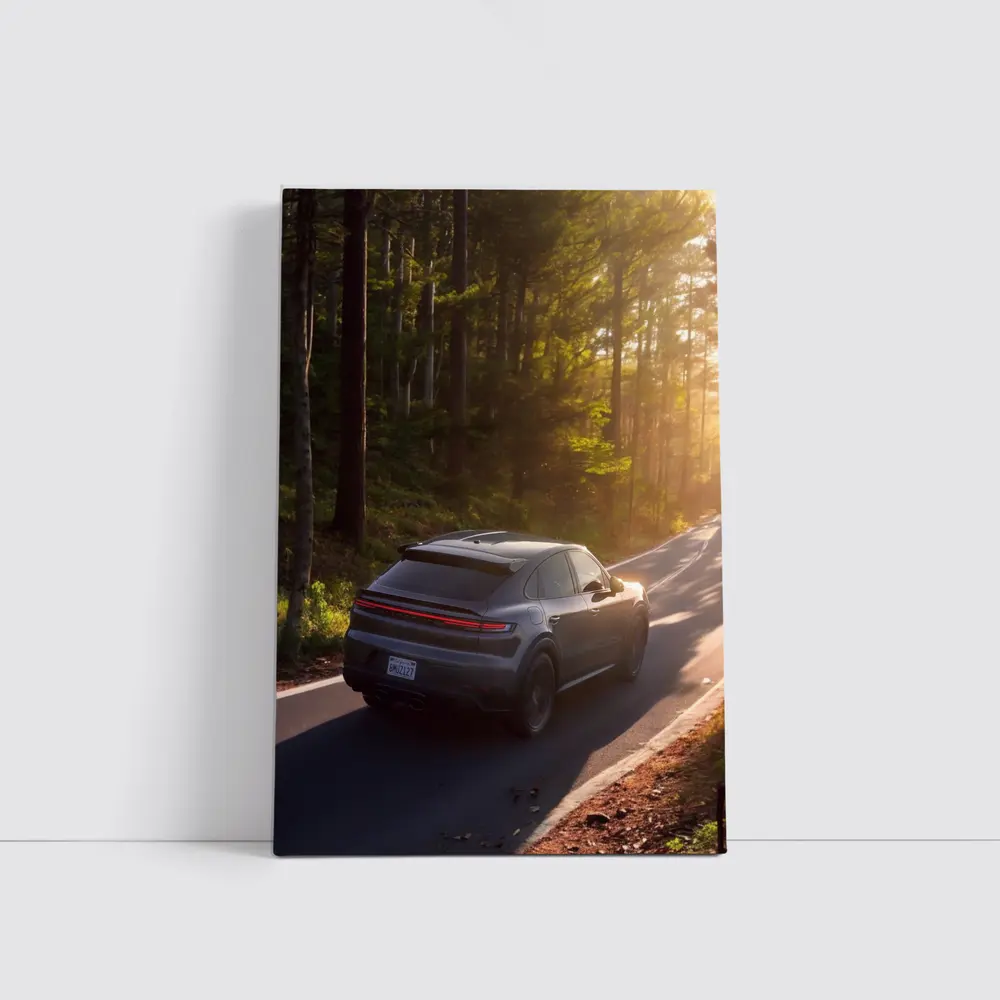 Porsche Macan Driving Through Sunlit Forest – Wall Art
