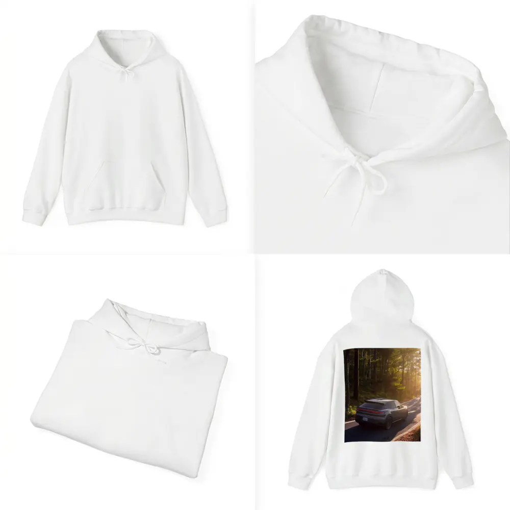 Porsche Macan Driving Through Sunlit Forest – Hoodies