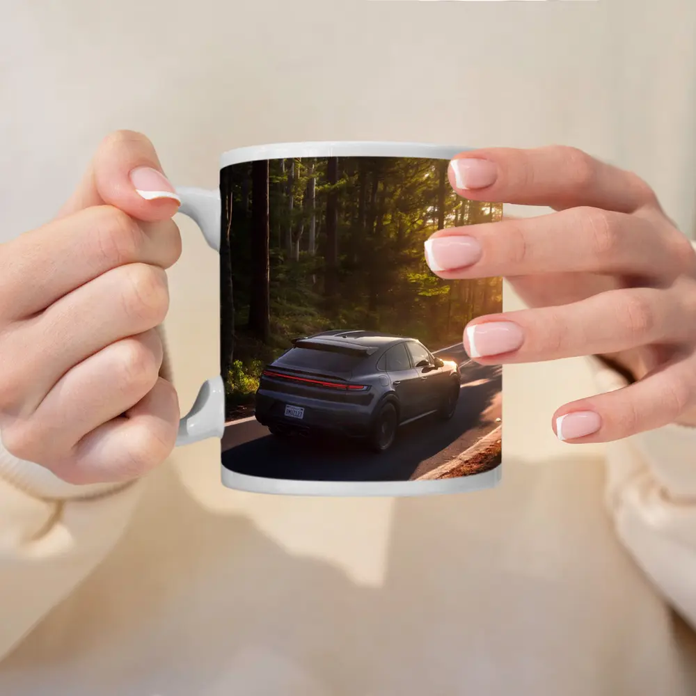 Porsche Macan Driving Through Sunlit Forest – Mugs