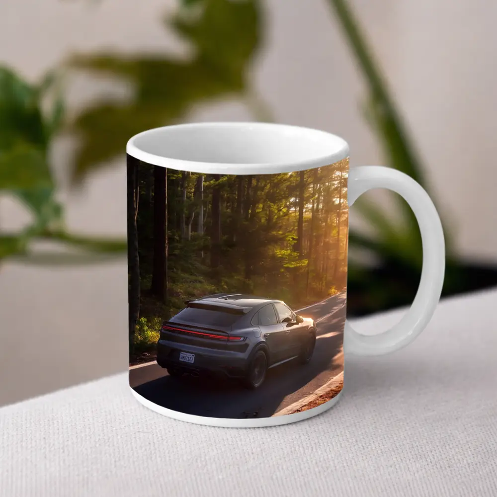 Porsche Macan Driving Through Sunlit Forest – Mugs