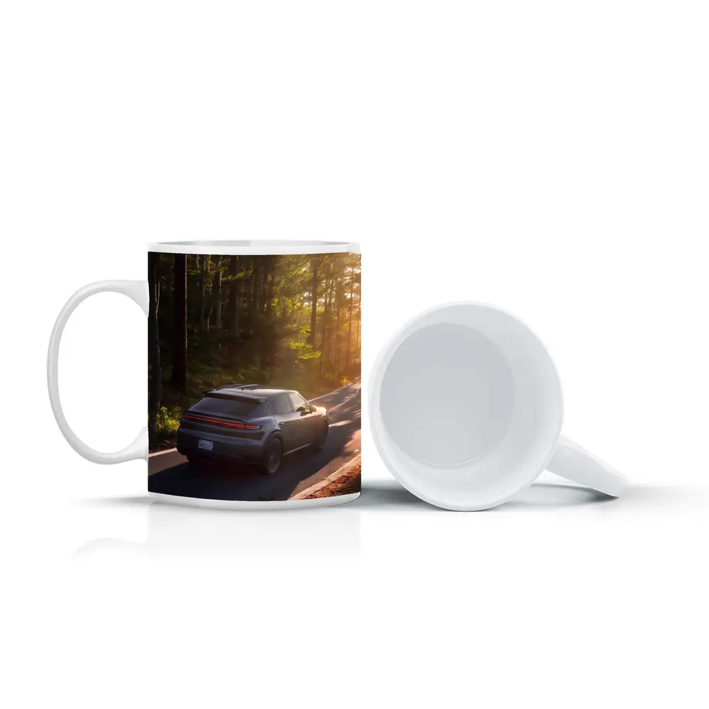 Porsche Macan Driving Through Sunlit Forest – Mugs