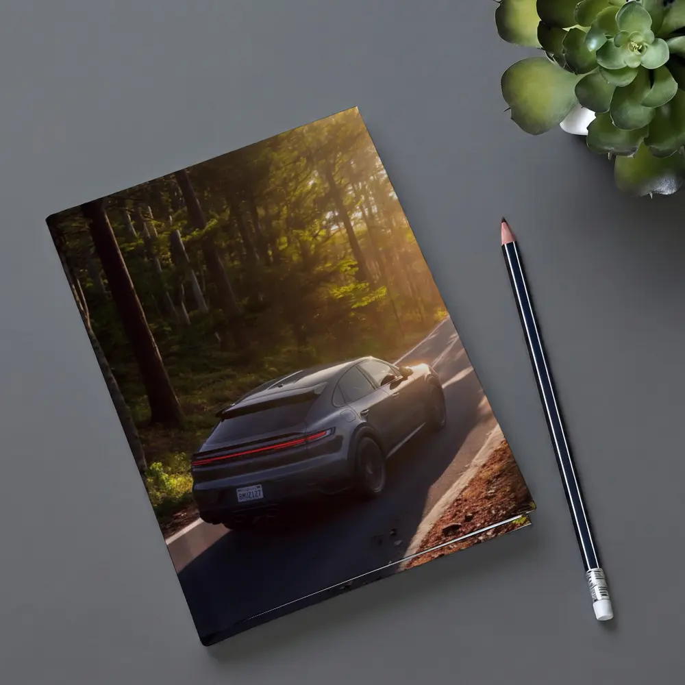 Porsche Macan Driving Through Sunlit Forest – Notebooks
